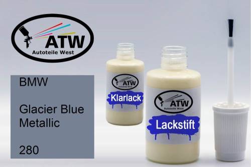 BMW, Glacier Blue Metallic, 280: 20ml Lackstift + 20ml Klarlack - Set, von ATW Autoteile West.